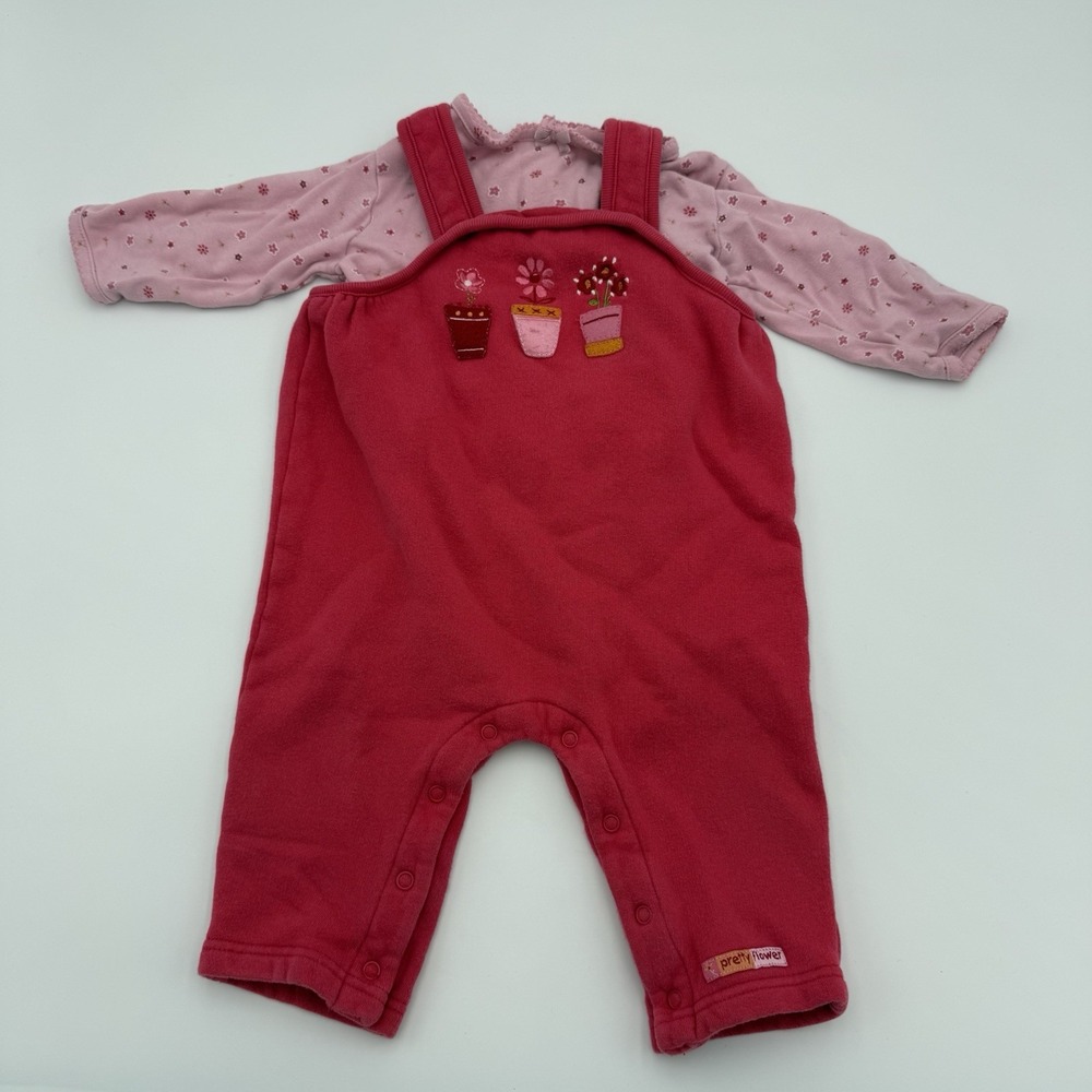 Vtg Carter's 12 Month Pink Overalls Y2K Jumpsuit Springtime Flowers 2 Piece Set - Picture 2 of 10